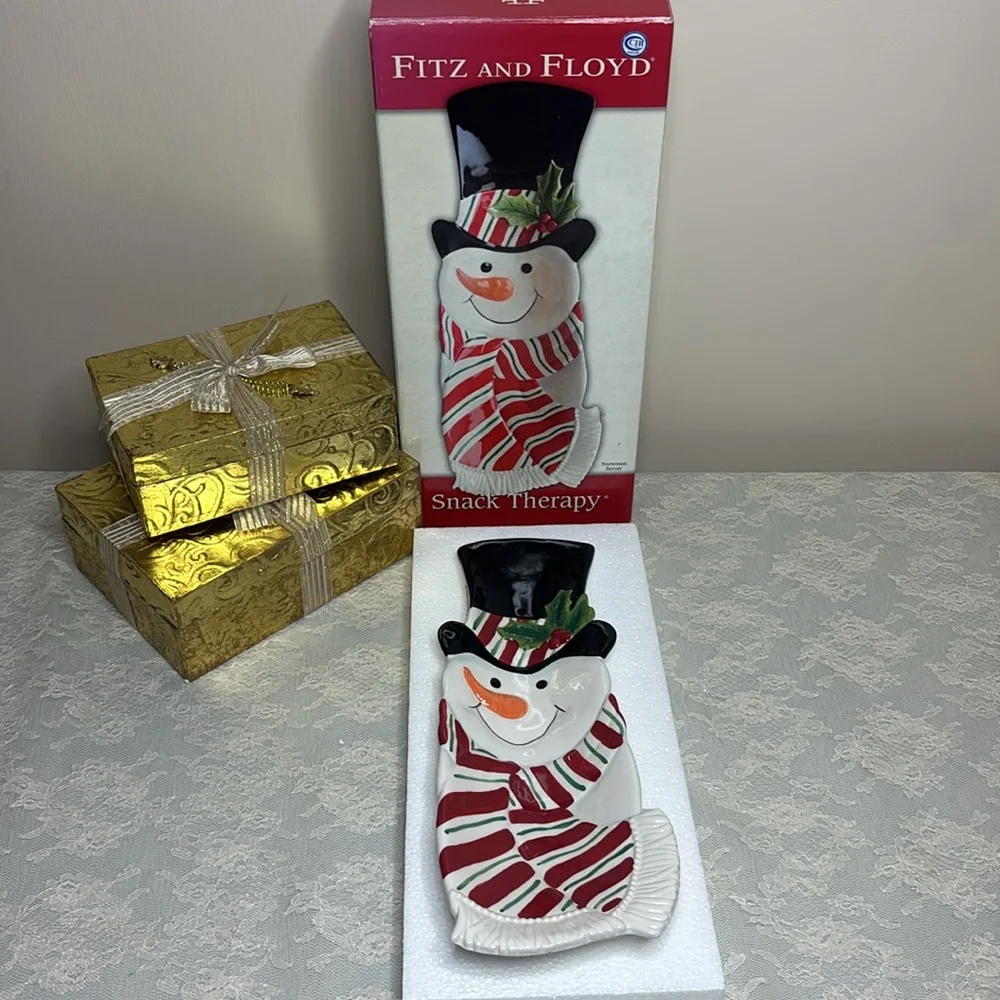 Fitz & Floyd Serving Plate Snack Therapy Snowman Tray Dish Vintage Christmas Red